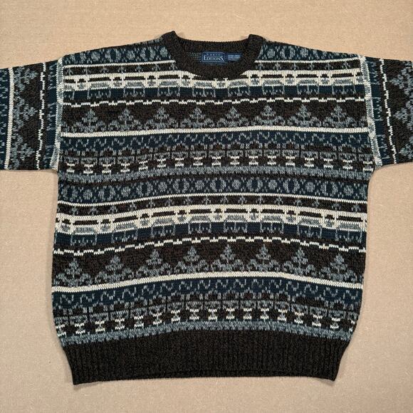Vintage Fair Isle Knit Sweater Brown Geometric Pattern XL Basic Editions - Picture 3 of 7